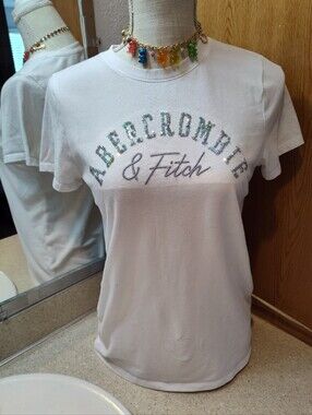 Abercrombie & Fitch White Tee with Iridescent Sequin Logo